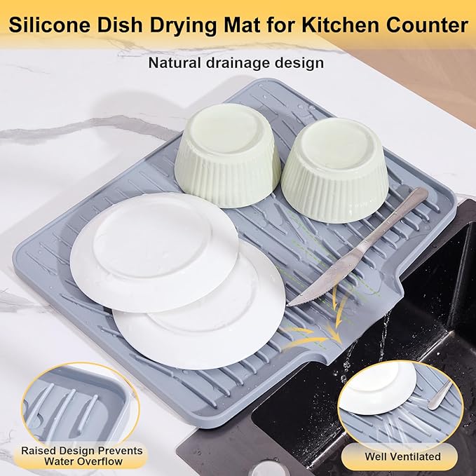 Silicone Dish Drying Mat for Kitchen Counter,Non-Slip Dish Drying Pad with Drain Lip,Heat Resistant Sink drying Mat for Dishes,Large Rubber dish drain mat dish rack mat (Grey,15.8"x13")