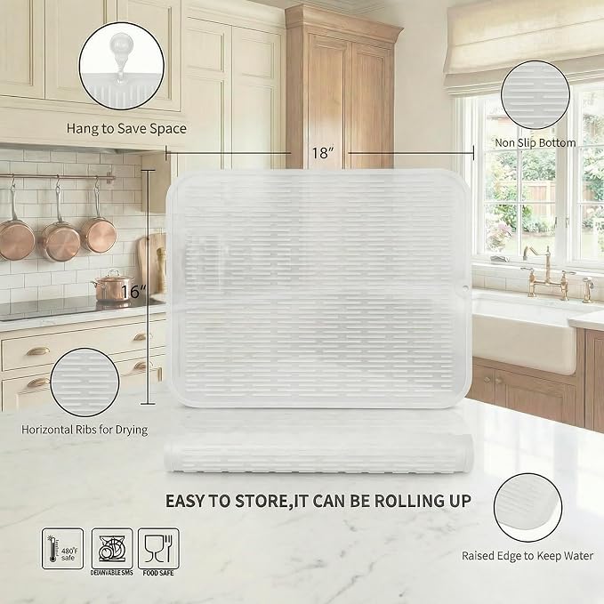 MicoYang Silicone Dish Drying Mat for Multiple Usage,Easy clean,Eco-friendly,Heat-resistant Silicone Mat for Kitchen Counter or Sink,Refrigerator or Drawer Liner Translucent XL 18 inches x 16 inches