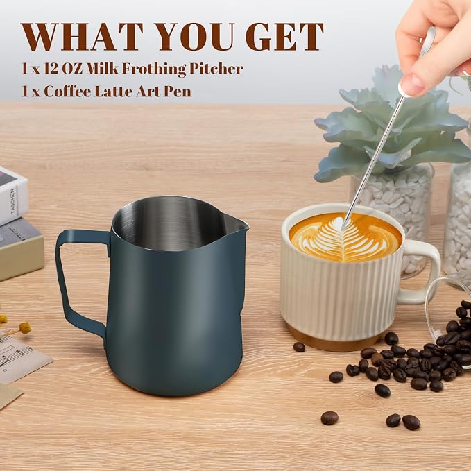 Amrules Milk Frothing Pitcher 12oz Frother Cup Barista Tools, Blue | 18/8 Stainless Steel, 12oz Capacity with Clear Scale, with Decorating Pen, Ergonomic Handle, for Cappuccino, Latte & Espresso