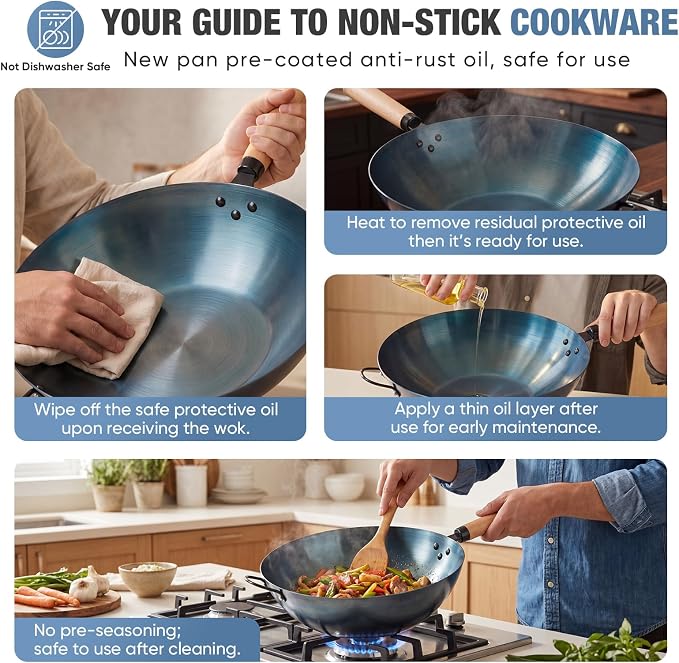 DUMOS 13.5" Carbon Steel Wok Pan, No Chemical Coating, Pre-Seasoned Flat Bottom Pow Wok for Family Meals and Camping, Compatible with Induction, Electric, Gas, Open Fire, Blue