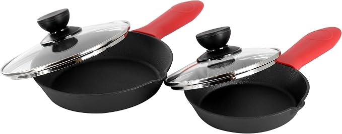 MegaChef 13 Piece Pre-Seasoned Cast Iron Skillet Set with Temperd Glass Lids and Silicone Holders