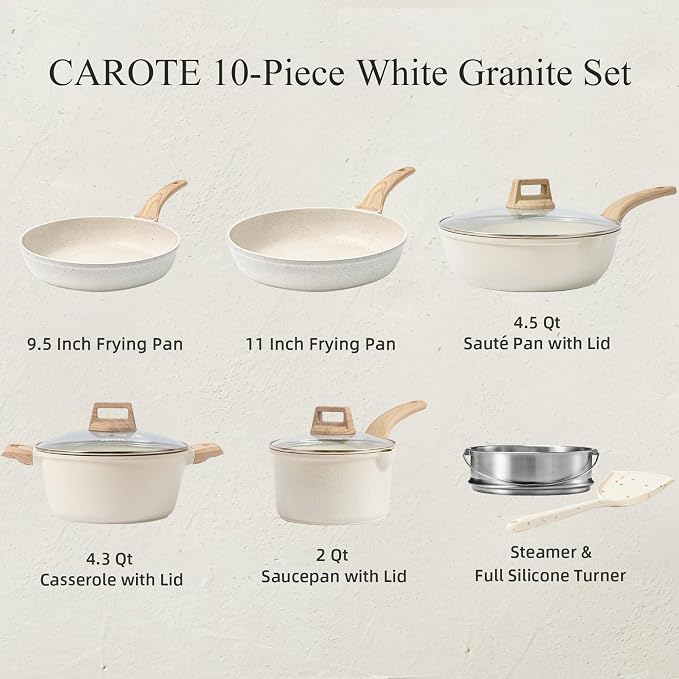 CAROTE Nonstick Pots and Pans Set, Cookware Sets, 10pcs | Induction Kitchen Set, Durable Coating, Easy Clean, Fit All Stovetops, Even Heating, Stay Cool Handle, with Steamer