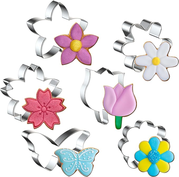 FUSOTO 6PCS Flower Cookie Cutter Set, 3 Inches Flower Shaped | Cookie Cutter-Daisy, Tulip, 3 Shaped of Flower, Butterfly, Stainless Steel Cookie Cutters, Baking Tool for Homemaking Cookie