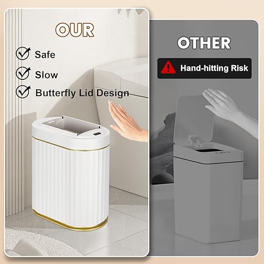 ELPHECO Motion Sensor Bathroom Trash Can with Lid 2 Gal Automatic Trash Can | Butterfly Lid, Room Decor Bathroom Accessories, Motion Sensor Wastebasket Garbage Can, Kitchen Living Room Office, White Gold