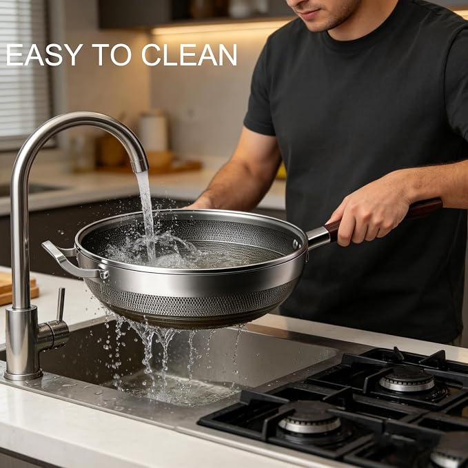 Titanium Wok Pan, 13 Inch Wok with Lid, Non Stick Stainless Steel Woks & Stir-fry pans, PFOA/PFAS/PTFE Free, Dishwasher Safe, Home Use For All Stoves,13Inch