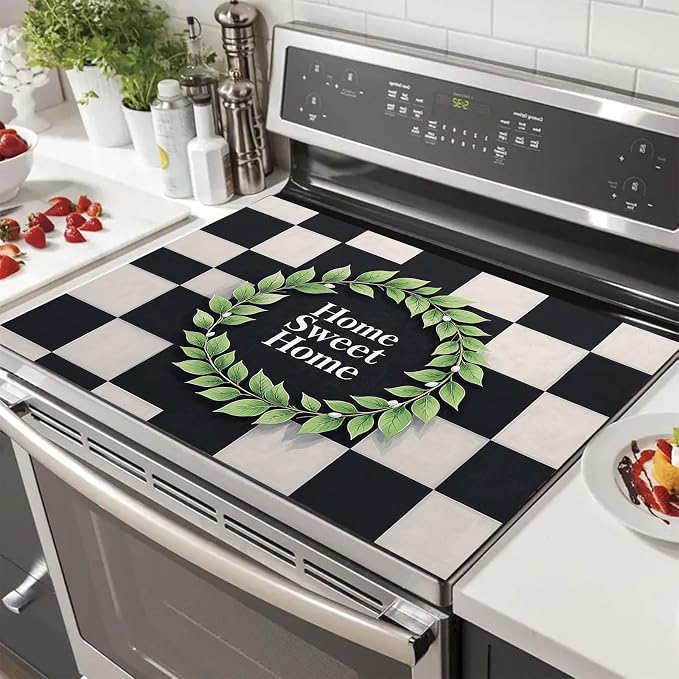 HOMETITUTE Sweet Home Stove Top Cover 28x20 Black White Checker Diatomite Mat