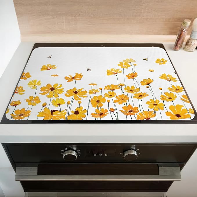 Spring Summer Glass Stove Top Covers for Electric Stove,Yellow Flowers Floral Bee Farmhouse Heat Resistant Cooktop Protector Non-Slip Washable Dish Drying Mat Rug Pad for Kitchen Decor 28"x20"