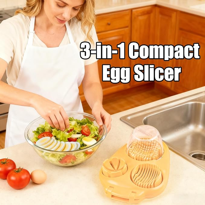 3 in 1 Egg Slicer for Hard Boiled Eggs with Cleaning Brush | Three Cutting Modes for Slices, Wedges and Dices, Egg Cutter&Fruit Slicer, Heavy Duty, Stainless Steel Wires, Dishwasher Safe