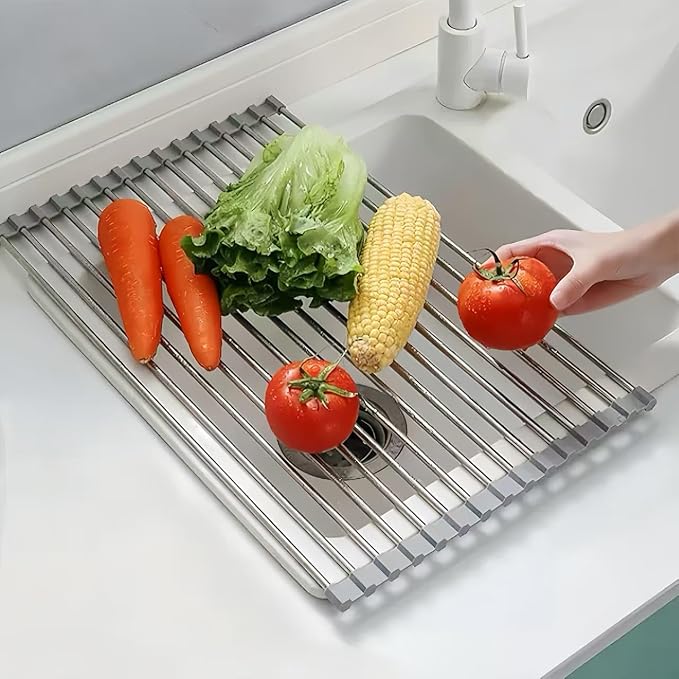 Roll Up Dish Drying Rack, 21.3" x 15.8" Over The Sink Dish Drying Rack, Dish Drying Rack for Kitchen Sink Counter Storage (Grey)