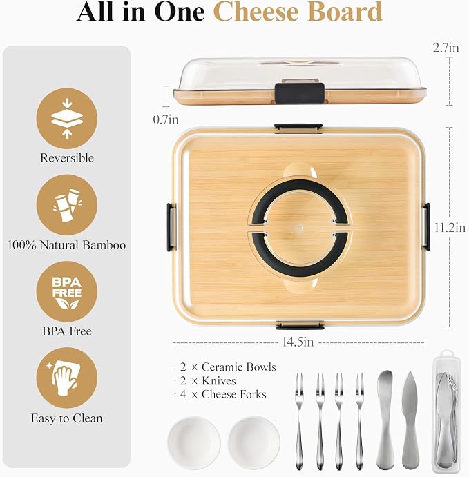 Portable Bamboo Charcuterie Board with Lid, 1 Compartment | Includes Knife Set, Plates, Forks & Handle, Travel Serving Tray Platter for Cheese, Meat, Fruit, Housewarming Gift for Women