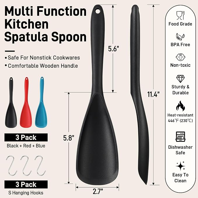 3 PACK Silicone Cooking Spatula & Spoon for Nonstick Cookware, BPA-Free | Multifunction Spoonula for Baking, Cooking, Serving, Mixing, Stirring, Scoop, Scrape - One-Piece Formed, Dishwasher Safe