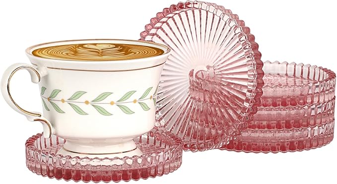 Modern Clear Coaster Set of 5- Glass Coasters for Drinks, Clear Pink | Crystal Coasters Round Cup Coaster Coffee Table Decor for Office, Kitchen, Bar, Dining Room, Living Room, Patio