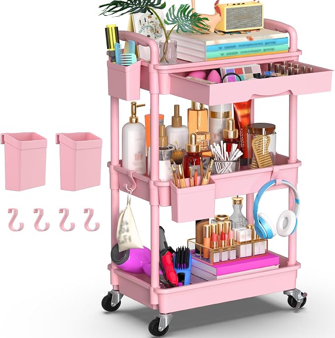 Goovilla 3 Tier Rolling Utility Cart Organizer with Removable Drawer, Pink | Stable and Sturdy Rolling Storage Carts with 2 Lockable Wheels for Bathroom, Kitchen, Snack, Craft, Makeup, Baby Essentials