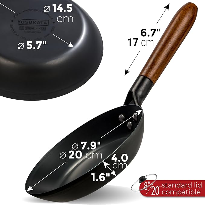 YOSUKATA 7.9" Carbon Steel Frying Pan – Non-Toxic Pre-Seasoned Skillet with Removable Wooden Handle – Coating-Free Wok-Style Pan for Gas, Induction, Electric, Oven & Grill BBQ