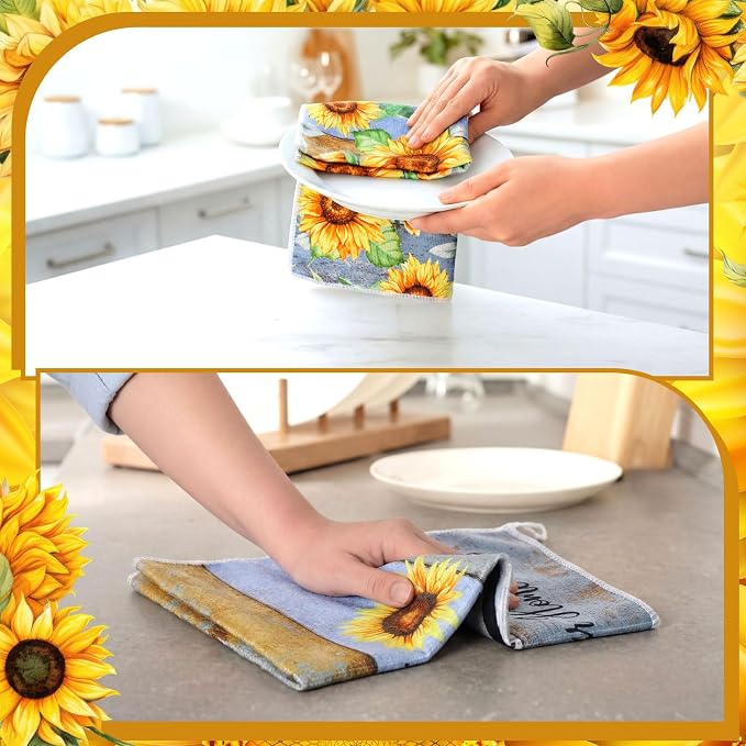 4 Pcs Sunflower Kitchen Towels Farmhouse Hand Dish Towels | Absorbent Fast Drying Decor Welcome Home Floral Dishcloth Housewarming Gift for Spring Summer Cooking Bathroom Kitchen Decor