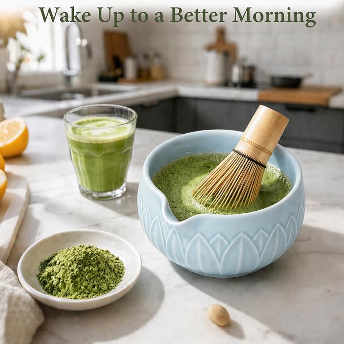 Matcha Whisk Set, Ceramic Matcha Set Includes Bowl & Holder, Bamboo Whisk (Chasen), Scoop, Spoon and Sifter, 6Pcs Matcha Kit Covers Everything Needed for Making Matcha (Leaf Blue)