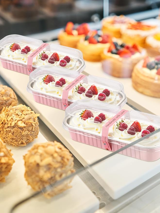 NEEBAKE 150 Pack 6.8 oz Disposable Mini Loaf Pans with Lids and Spoons - 6.5x2.5x1.2 Pink Aluminum Loaf Pans, Small Aluminum Tin Foil Baking Pan, Food Containers for Baking, Cakes, Bread, Loaves