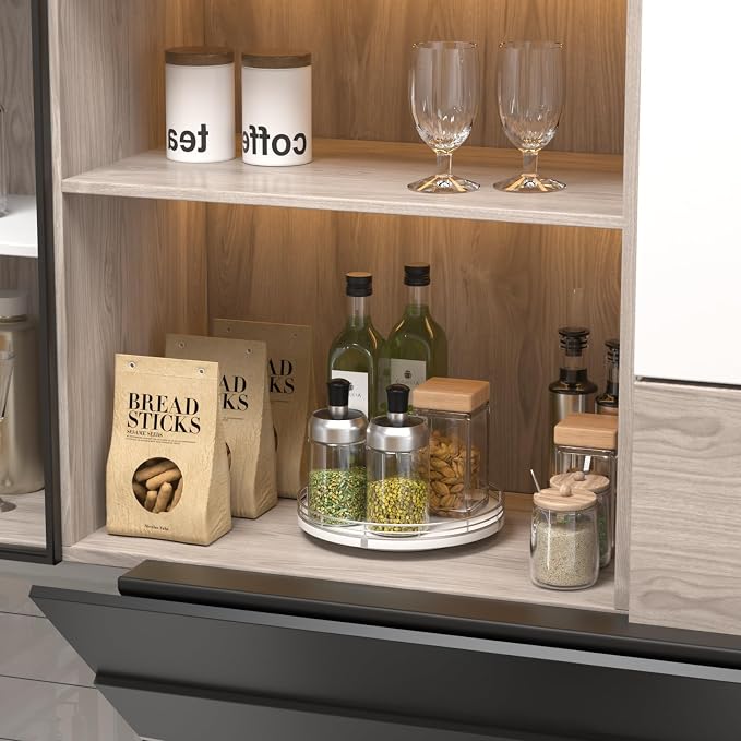 Oroyutor 9-Inch Oak Lazy Susan Spice Organizer with Silver Metal Rail | Rotating oak tray organizes spices, toiletries and decor on kitchen counters, bathroom vanities, dining and coffee tables.