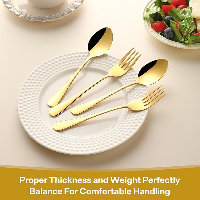 12 Pieces Spoons and Forks Set,Food Grade Stainless Steel Flatware Cutlery Set,6 Forks(6.8 inch)and 6 Spoons(6.6inch)Silverware Set for Home,Kitchen,Restaurant-Mirror Polished & Dishwasher Safe(Gold)