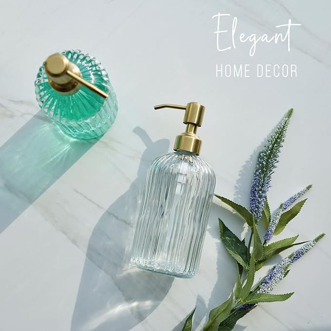 JASAI 18Oz Glass Soap Dispenser with Golden Pump for Kitchen,Refillable Liquid Hand soap Dispenser with Vertical Stripe, Clear Soap Dispenser Bathroom for Hand soap, Dish Soap, Lotion | Refillable Hand Soap Dispenser with Vertical Stripe, Gold Soap Dis...