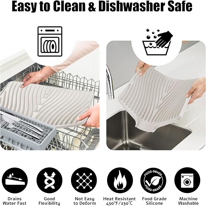 TIKNIK Silicone Dish Drying Mat for Kitchen Counter, Cream-1pcs, 20" x 15" | Heat Resistant & Non-Slip Dish Drain Pad with Built-In Drain, Dishwasher Safe, Quick-Dry, Hangable & Roll-Up for Storage
