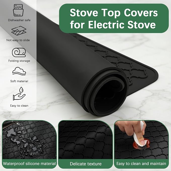 Stove Top Cover for Electric Stove - Silicone Stove Mat for Glass Top | Silicone XXL Glass Cooktop Covers, Flat RV Range top Mats，Black 27.5"X20"