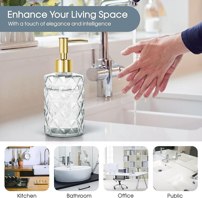 Topsky Glass Soap Dispenser with Plastic Pump,330ml Liquid Hand Soap Dispenser, Rustproof Pump for Kitchen & Bathroom,Great for Lotions,Essential Oil,Liquid Soaps Clear