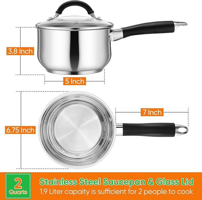 P&P CHEF 2 Quart Stainless Steel Sauce Pan Pot with Lid, Small Saucepan | For Induction Cooking & Multi Stoves, Multipurpose Pot with Visible Glass Lid & Silicone Handle, Rust Free & Dishwasher Use