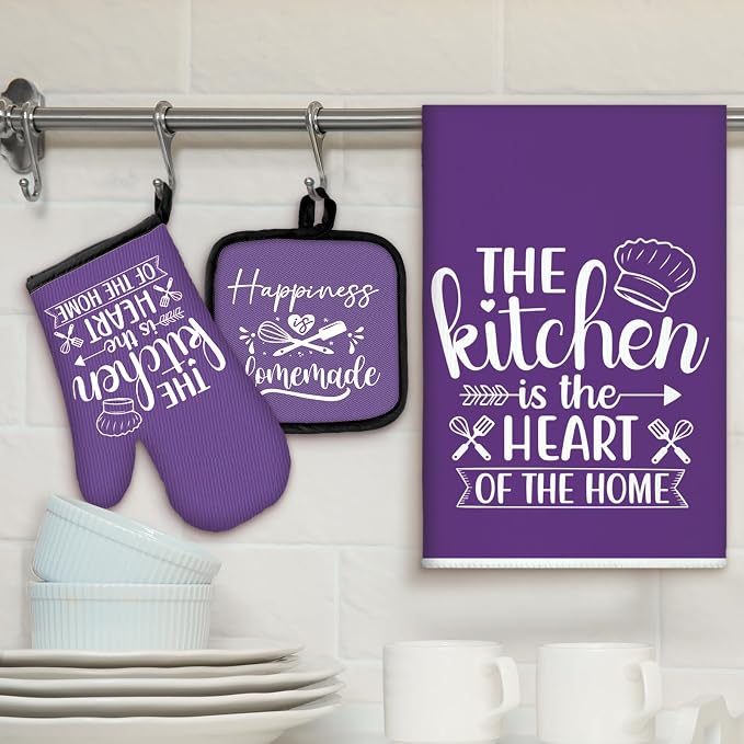 Sratte 6 Pcs Kitchen Decor Accessories Set, Kitchen, Purple | Farmhouse Kitchen Towels Pot Holders Oven Mitts Set 2 Dish Towels 2 Potholders 2 Cooking Mittens for Baking Cooking Supply