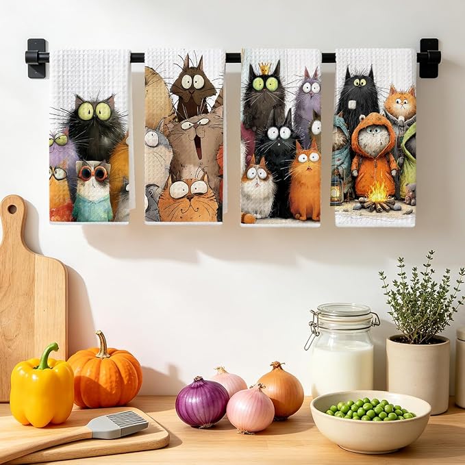 4 Pcs Cute Cat Kitchen Towels, Funny Cats Gifts Absorbent Hand Towels-03 | Cat Dish Cloths for Drying Dishes, Cats Waffle Dish Towels for Kitchen Home Bathroom Decor, Cat Lover Gifts for Women Mom