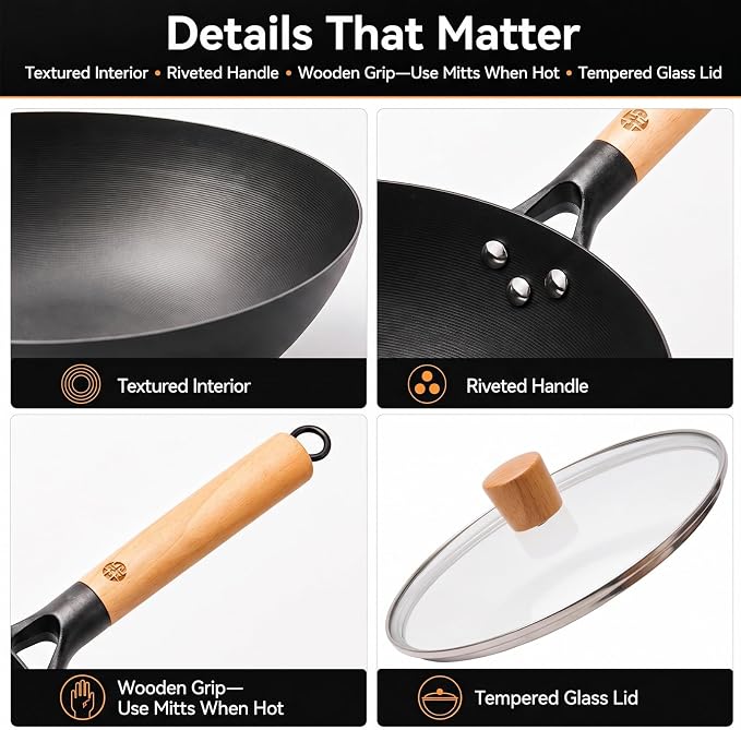 WANGYUANJI 12.6 Inch Carbon Steel Wok Pan with Glass Lid and Spatula, Nitrided Flat Bottom Wok Set, Uncoated Stir Fry Pan for 2-4 Servings, Gas, Electric, Ceramic and Induction Cooktops