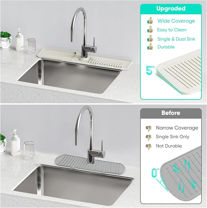 24'' Faucet Mat for Kitchen Sink [5°Slope Fast Self-draining] Faucet Mat Kitchen Sink Splash Guard Silicone Sink Faucet Mat Splash Guard Kitchen Sink Area Tidy Splash Faucet Guard Draining Mat-Beige