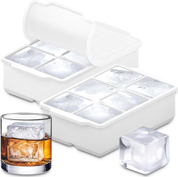 KitchFort® Large Silicone Ice Cube Tray (2-Pack) - 2" Big Ice Mold with Lid | Easy Release, Cocktail, Whiskey Ice Cubes Mold - Food Grade - Ice Cube Trays for Freezer - Stackable Silicone Ice Tray