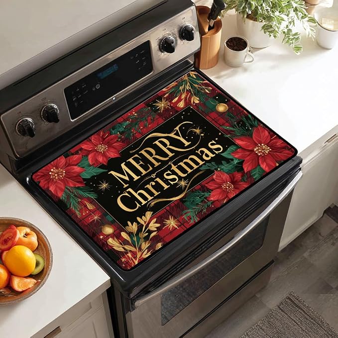 Christmas Poinsettia Glass Stove Top Cover Protector – Merry Christmas Glass Cooktop Protector,Xmas Cooktop Mat for Ceramic Countertop Mats Electric Stove Cover Festive Decor