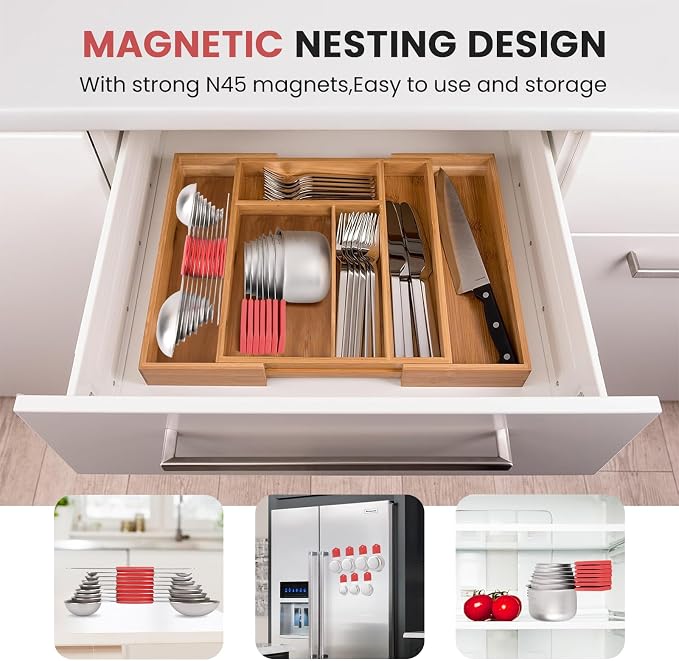 Magnetic Measuring Cups and Spoons Set-Heavy Duty 304 Stainless Steel，Double Measurement Markings，Set of 16 with Leveler for Measure Dry and Liquid Ingredients (Red)