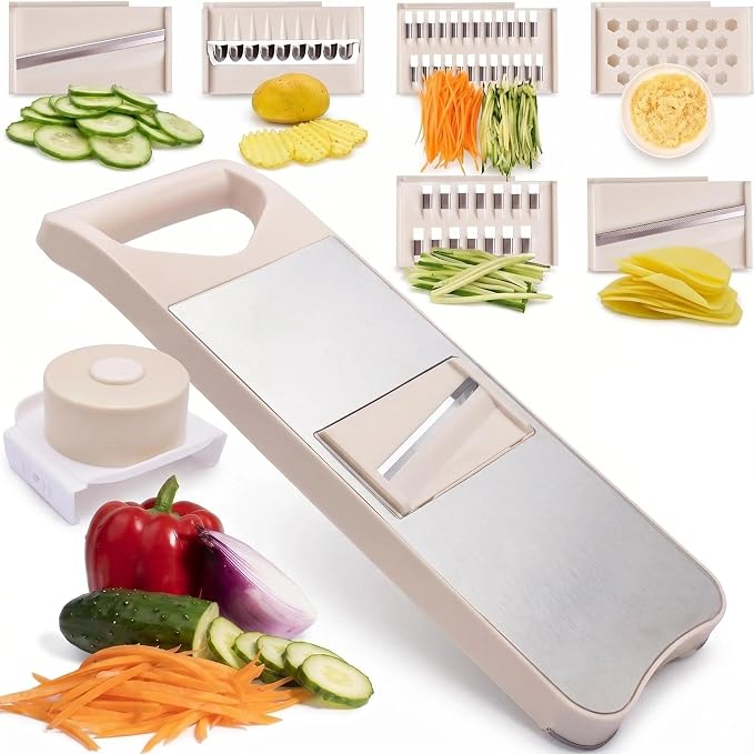NACOLUS 6-Blade Mandoline Slicer for Kitchen with Waffle Fry Cutter | 6 blades:straight 1/3mm,shred 2/3mm,waffle,grater,slide-on hand guard,steel sliding track,garlic slicer,vegetable shredder
