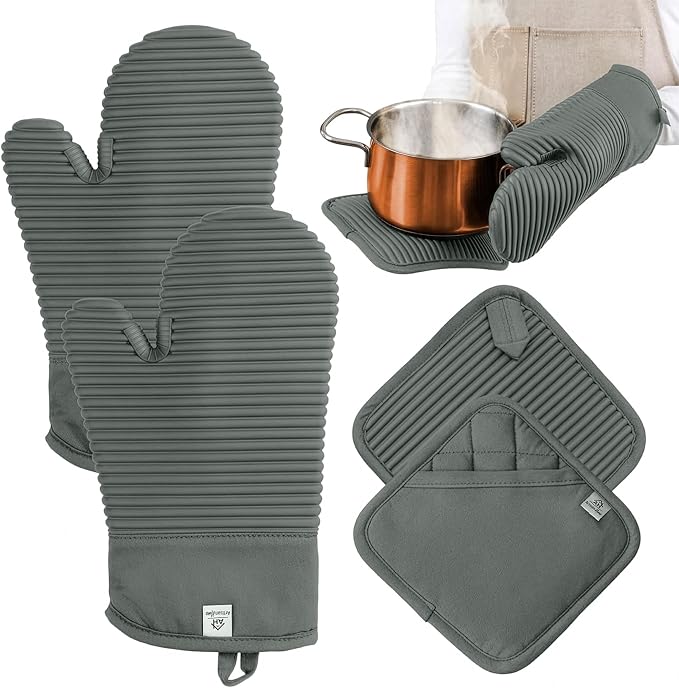 Extra Long Silicone Oven Mitts | Heat Resistant 500°F BPA-Free Food Grade Silicone Kitchen Mittens | 2-Piece Set of Oven Gloves Kitchens