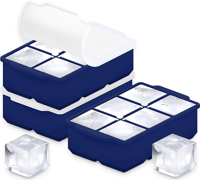 KitchFort® Large Silicone Ice Cube Tray (3-Pack) - 2" Big Ice Mold with Lid | Easy Release, Cocktail, Whiskey Ice Cubes Mold - Food Grade - Ice Cube Trays for Freezer - Stackable Silicone Ice Tray