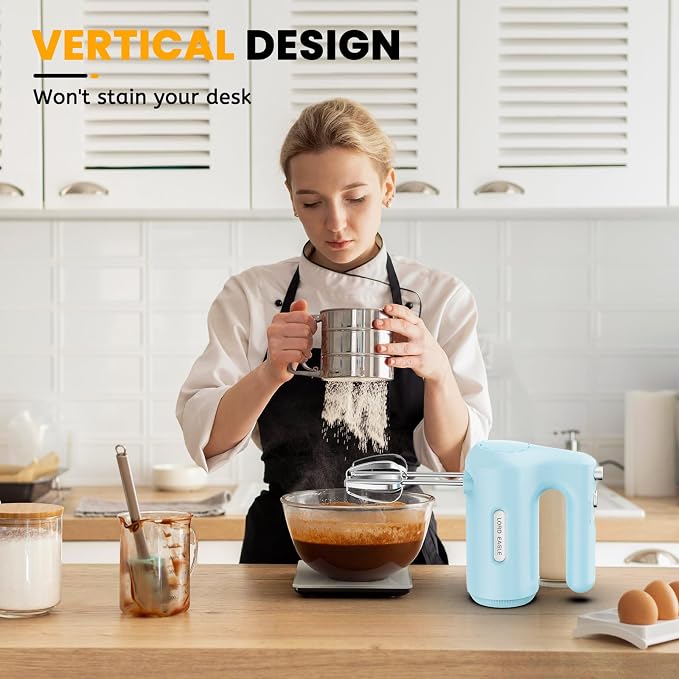 Lord Eagle 5-Speed Hand Mixer Electric With 4 Mixing Bowls Set | 300W Lightweight Kitchen Handheld Mixer with Measuring Cups & Spoons, Stainless Steel Bowls, Baking Supplies for Cake, Blue