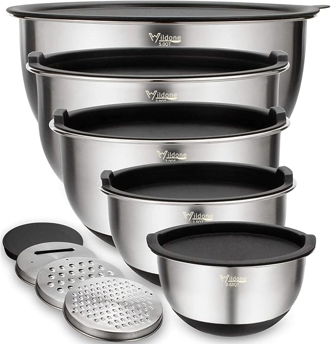 Wildone Mixing Bowls with Airtight Lids Set, 5PCS Stainless Steel Nesting Bowls for Kitchen, with Grater Attachments & Non-Slip Bottoms, Size 5, 3, 2, 1.5, 0.63 QT, Great for Mixing & Serving
