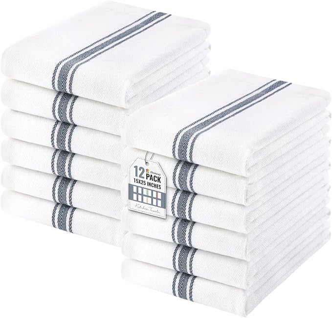 Homaxy 100% Ring Spun Cotton Kitchen Towels 12 Pack, Slate Gray Stripe | 15 x 25 Inch, Highly Absorbent Dish Towels for Kitchen Drying, Reusable Cleaning Cloths, Soft Tea Towels with Hanging Loop