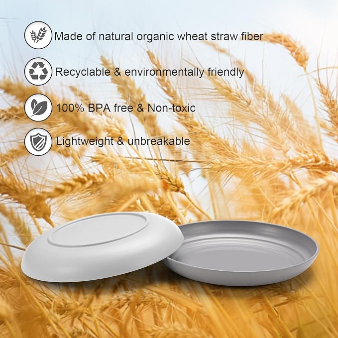 HEYCOME 12 Pcs Unbreakable Deep Dessert Plates Set, 8 inch Reusable Plastic Wheat Straw Plates, Microwave and Dishwasher Safe Plate for Kitchen, Lightweight Plate for Dessert, BPA Free, 6 Colors