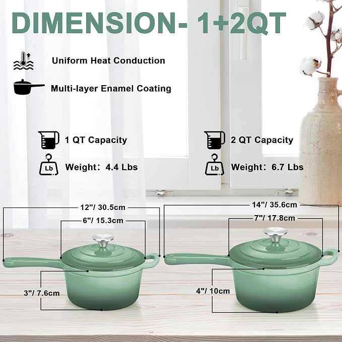 Leonyo 1Qt & 2Qt Saucepan Set, Cast Iron Dutch Oven Pot, Pistachio Green | For All Cooktops Cooking Pasta, Milk, Oatmeal - Up to 500°F & Nonstick