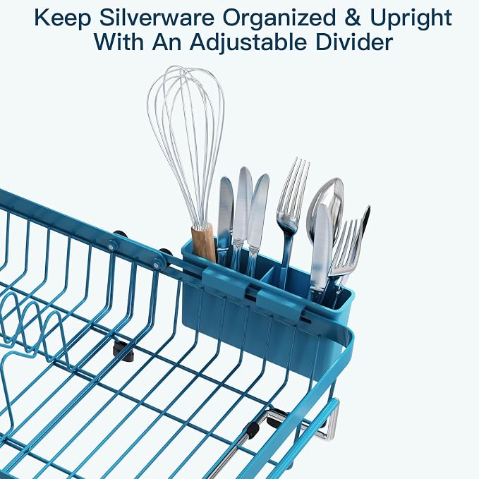 Blue Dish Drying Rack Over The Sink with Utensil Holder | Expandable Stainless Steel Dish Drainer for Small Kitchen, Apartment, RV, Counter Space Saving, Perfect Fit, Rustproof