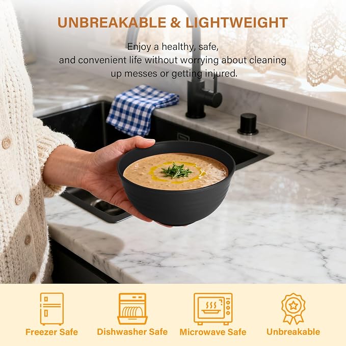Cereal Bowl Set, Wheat Straw Bowls for Kitchen, Unbreakable Lightweight Bowl Set of 8, Microwave and Dishwasher Safe Bowls, Reusable Bowl for Serving, Cereal, Snack,Fruit(Black, 26 OZ)