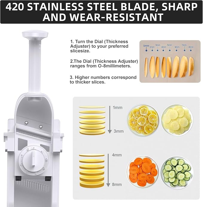 Safe Mandoline Slicer for Kitchen, Professional Vegetable Potato Slicer | 0.1-8 mm Adjustable Thickness, Food Chopper French Fry Cutte, Mandolin, Chopping Artifact Fast Veggie (just Slice, White)