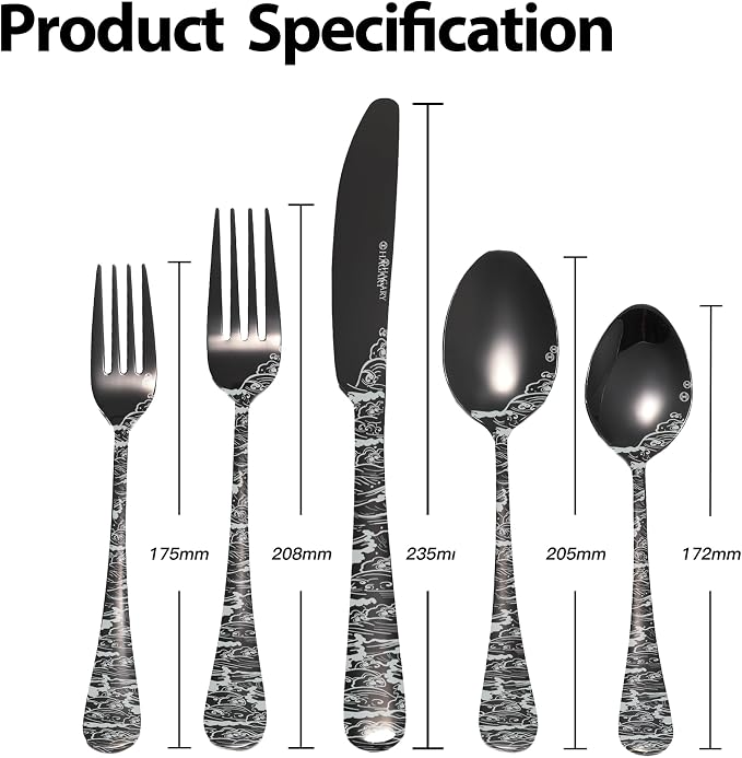 Wave Cutlery Set 20 Pieces Stainless Steel Flatware Set Service for 4 Utensils For Home Kitchen Wedding Laser Engraved Dishwasher Safe (All Black)