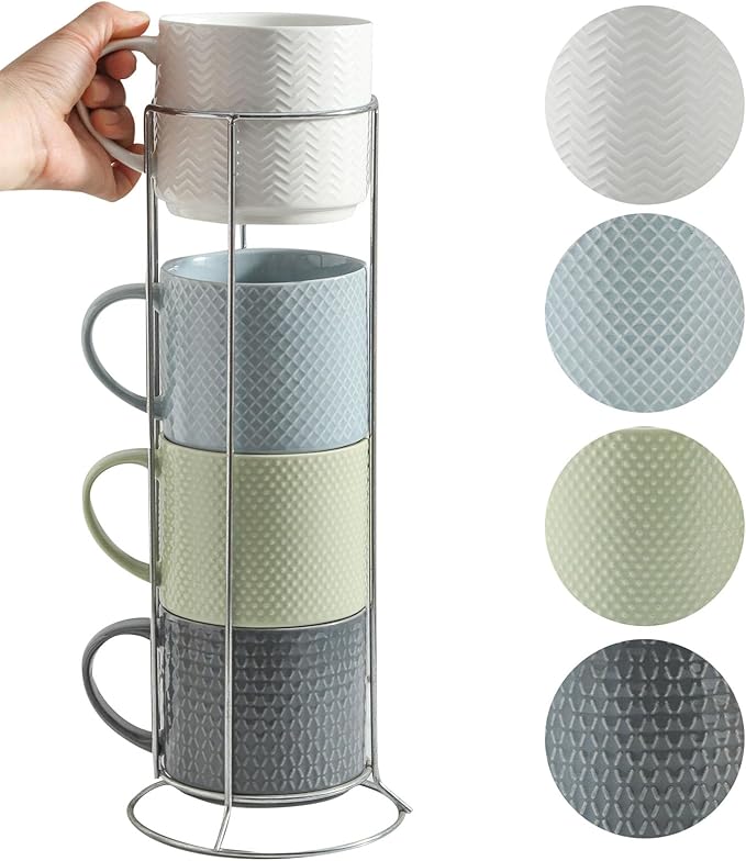 HASENSE Coffee Mugs with Metal Stand,15 oz Ceramic Stackable Mug Set Embossed Latte Cup, Ceramic Coffee Cups with Handle for Cappuccino and Tea, Multi Color