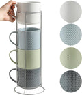 HASENSE Coffee Mugs with Metal Stand,15 oz Ceramic Stackable Mug Set Embossed Latte Cup, Ceramic Coffee Cups with Handle for Cappuccino and Tea, Multi Color