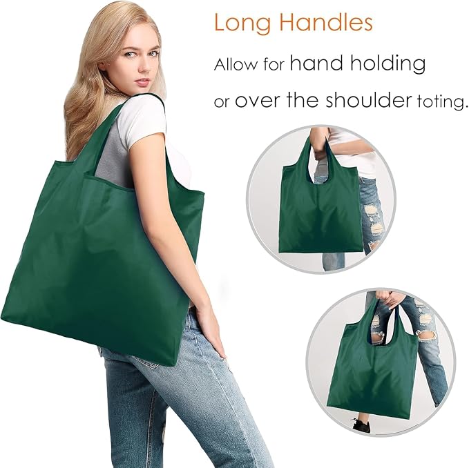 BeeGreen Christmas Green Reusable Grocery Bags Dark Green Reusable Kitchen Bags Bulk Foldable-Machine Washable with Zipper Storage Pouch 50 Packs